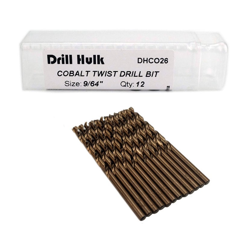 Drill Hulk Pack of 12, 9/64-Inch Cobalt Steel M35 Jobber Length Twist Drill Bits for Hard Metal, Stainless Steel - Image 1